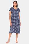 Rosaline Geo Blooms Knit Cotton Mid Length Nightdress - Blue Opal — thumbnail 4